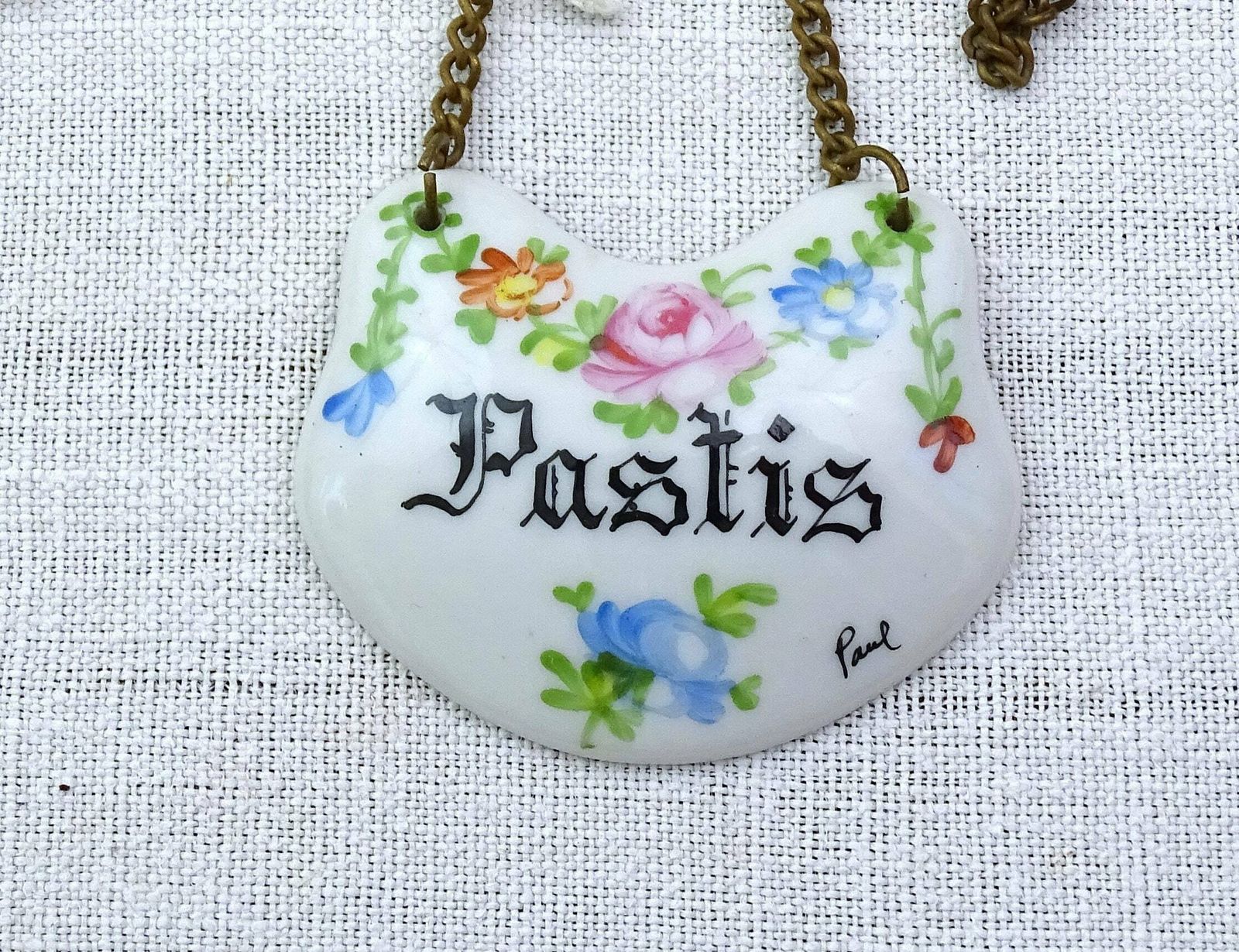 Vintage French Limoges Porcelain China Hand Painted Pastis Spirit Bottle Label, Dinner Party Accessory Retro Barware Name Tab From France photo Home Decor