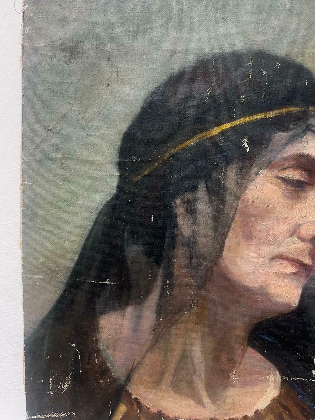 Louise Alix1930's French Oil Portrait Lady With Sheer Black Head Scarf1940's photo for sale