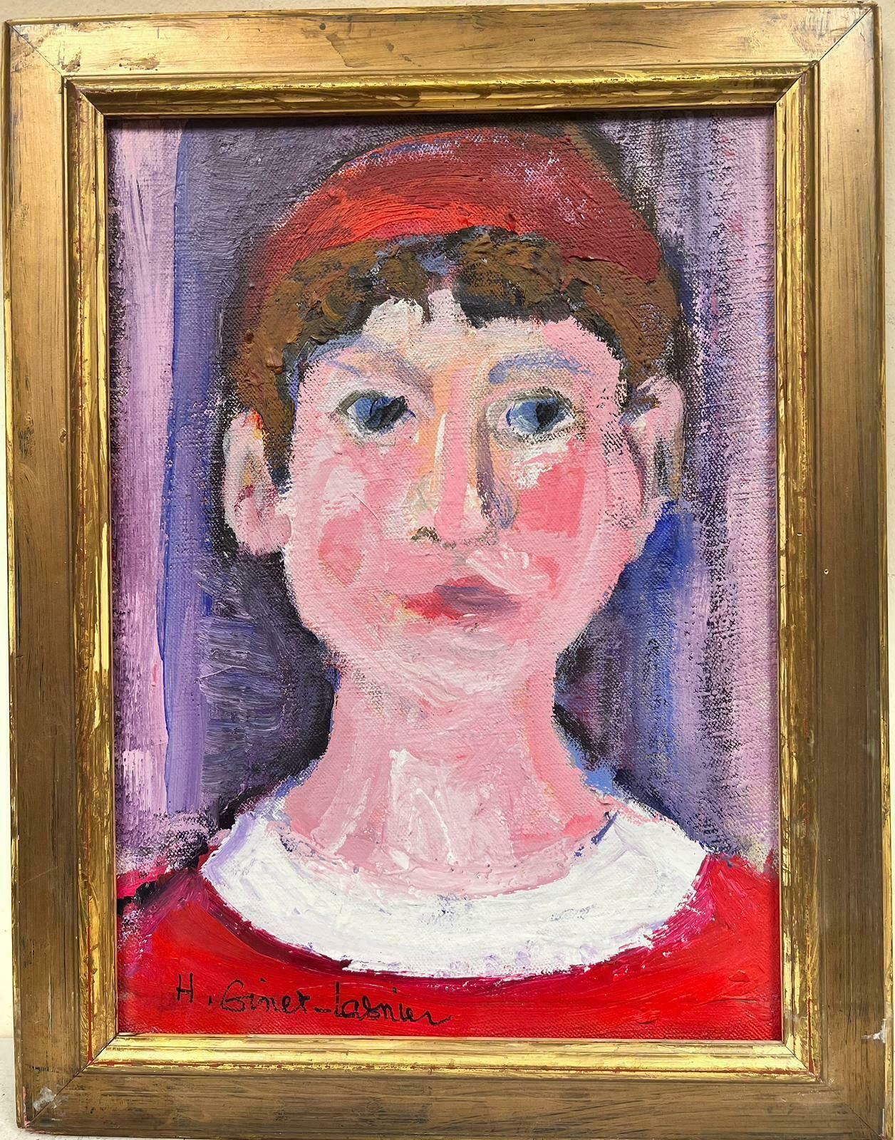 Huguette Ginet Lasnier French Modernist Painting Portrait Of Boy In Red Jumperc. 2000's
