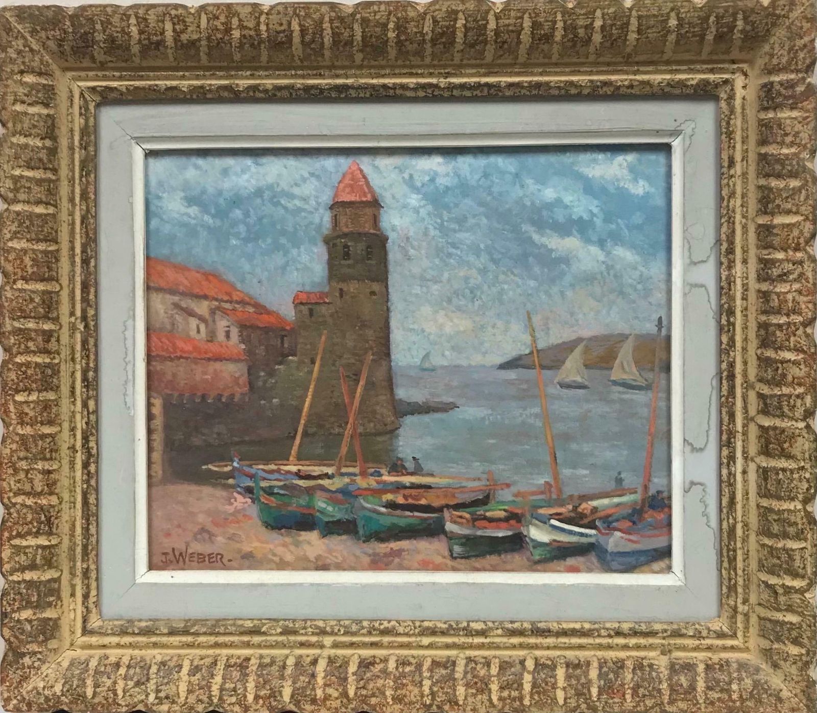 J. Webermid Century French Signed Oil Collioure Harbour South Of France, Fishing Boats