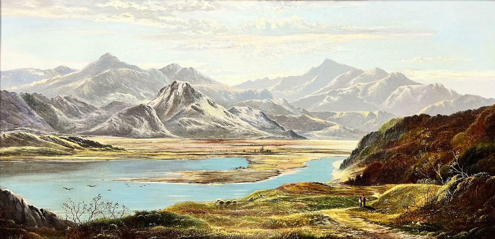 Charles Leslievery Fine Victorian Scottish Signed Oil Painting Panoramic Loch Scene Mountainsc. 1875 photo furniture