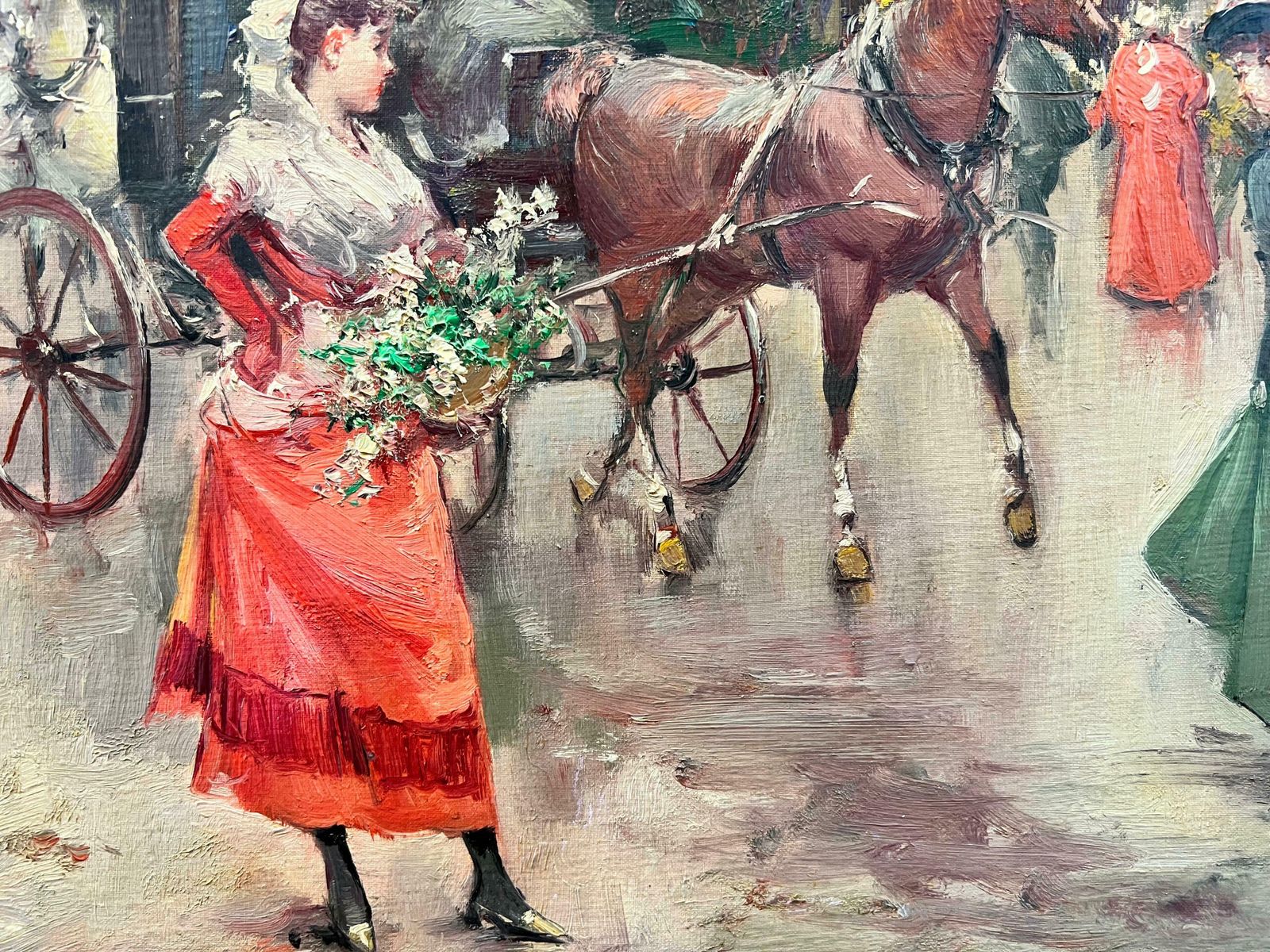 20th Century French Schoolelegant Belle Epoque Parisian Scene Horse & Carriage Flower Sellers & Ladies photo Art
