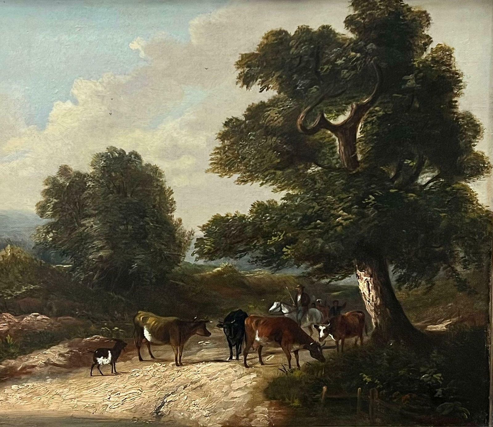 Victorian Englishcharming Victorian Signed Oil, Farmer Leading Cattle Rural Lane On Market Day