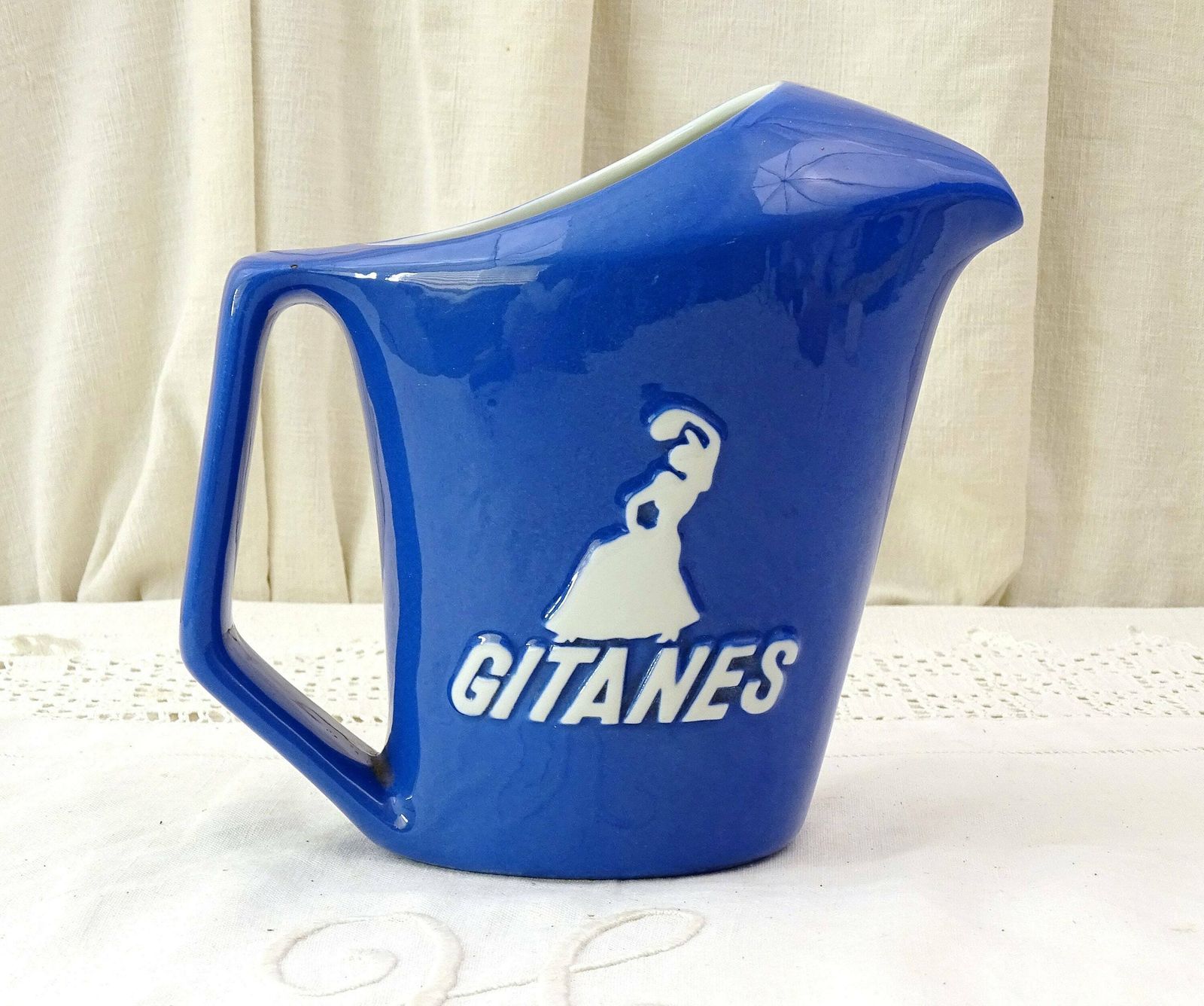 Vintage French 1950s Gitanes Cigarette Promotional Bistro Bar Cafe Water Pitcher Blue And White, Retro Mid Century Modern Advertising Jug photo for sale