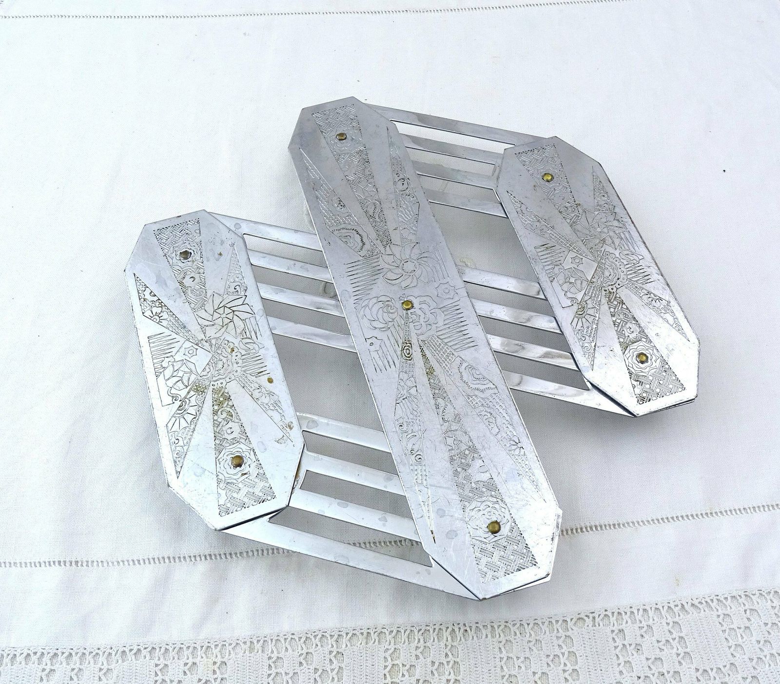 Vintage French Art Deco Chrome Plated Concertina Table Heat Mat, Retro Folding Metal Trivet France, Old Style Space Saver Kitchen Accessory