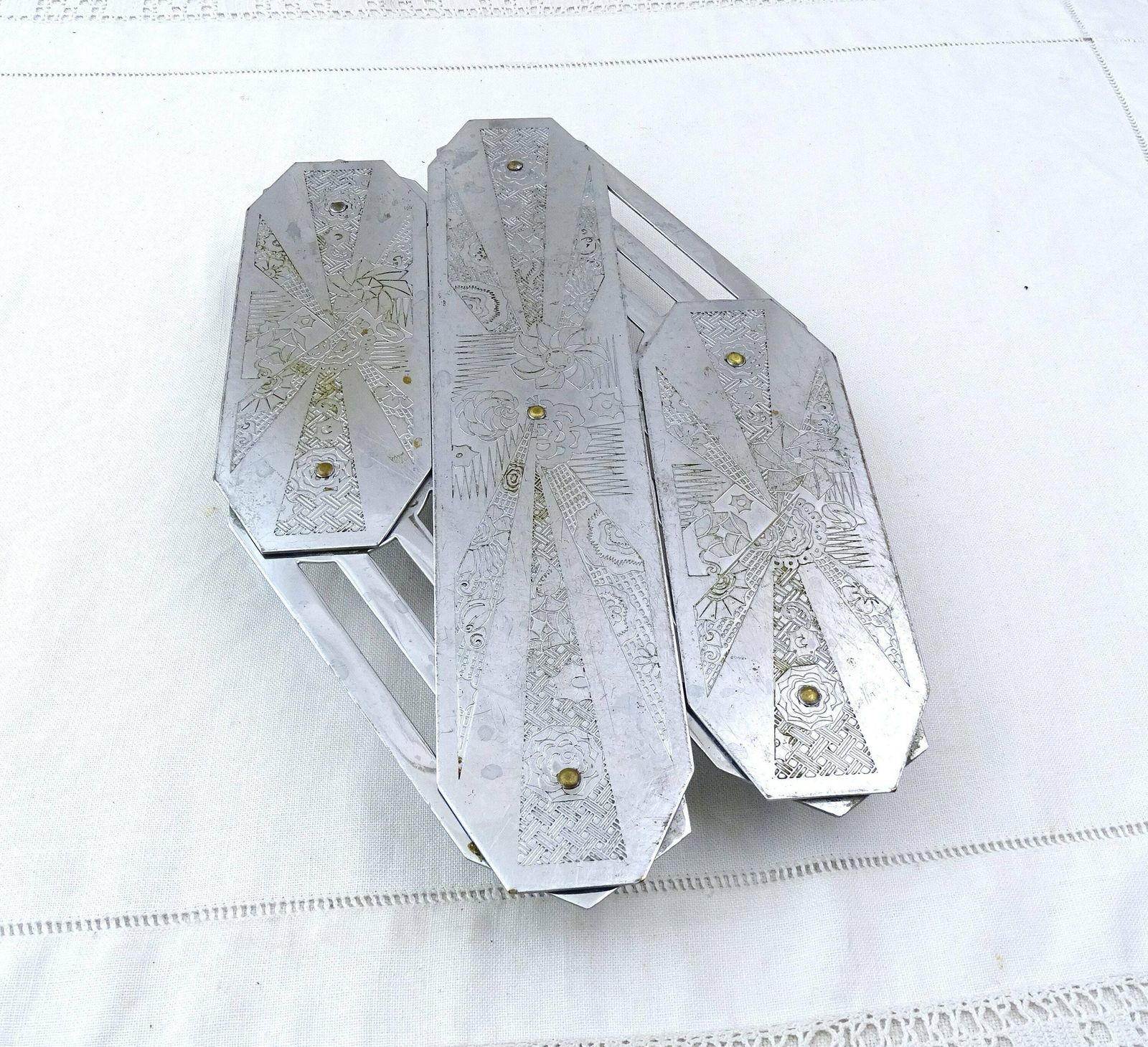 Vintage French Art Deco Chrome Plated Concertina Table Heat Mat, Retro Folding Metal Trivet France, Old Style Space Saver Kitchen Accessory photo furniture