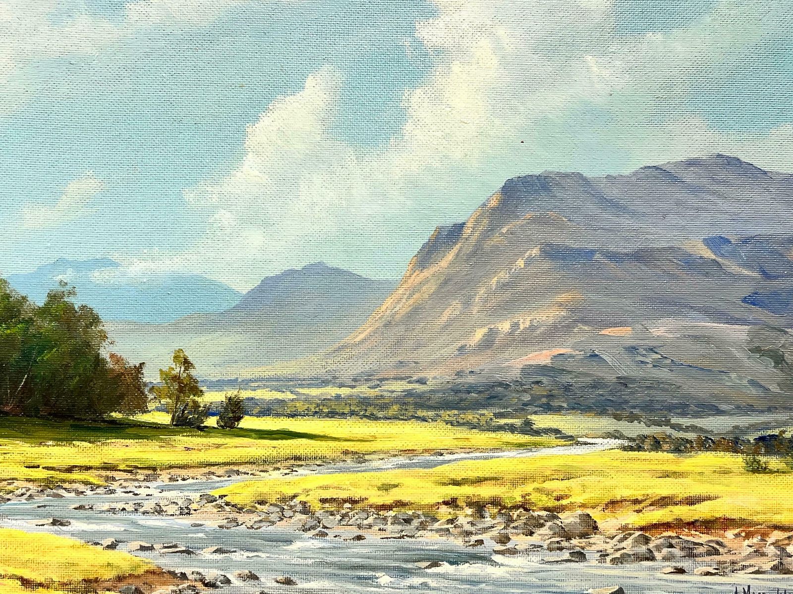 Mcdonaldsigned Scottish Oil Sunny Highland River Landscape In Summer, Framed Original photo for sale