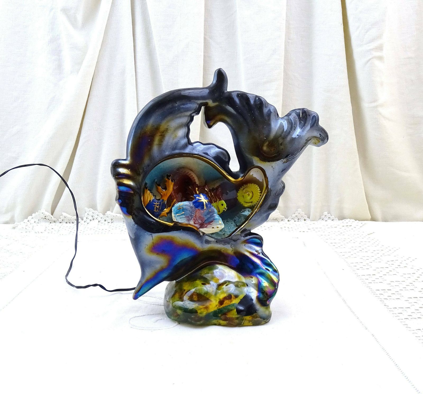 French Vintage Mid Century Vallauris Table Lamp Fish, Retro 1960s Monaco Encrusted Light, Kitsch Fun Novelty Zoomorphic Seaside Lighting