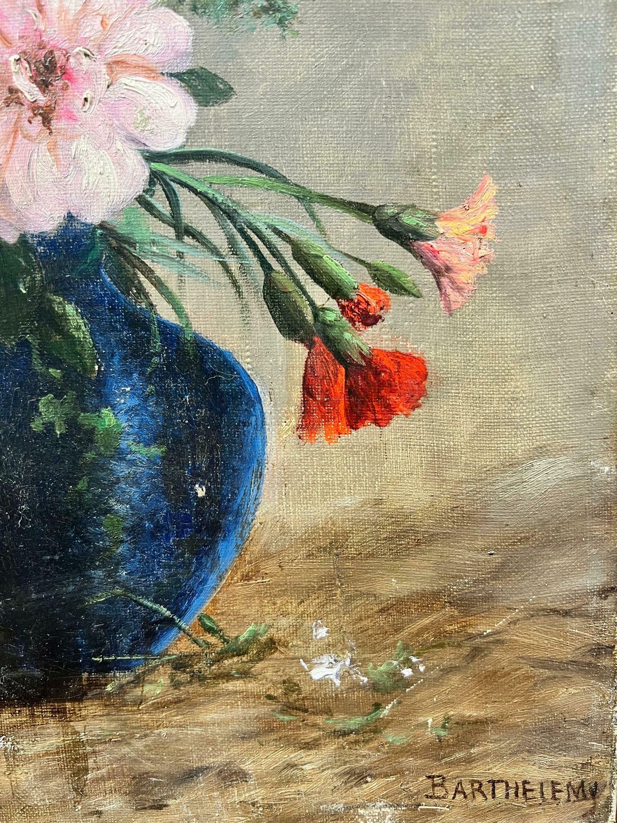 Antique Frenchfine Antique French Flower Painting, Signed Oil Beautiful Flowers In Blue Vase photo 1227.0