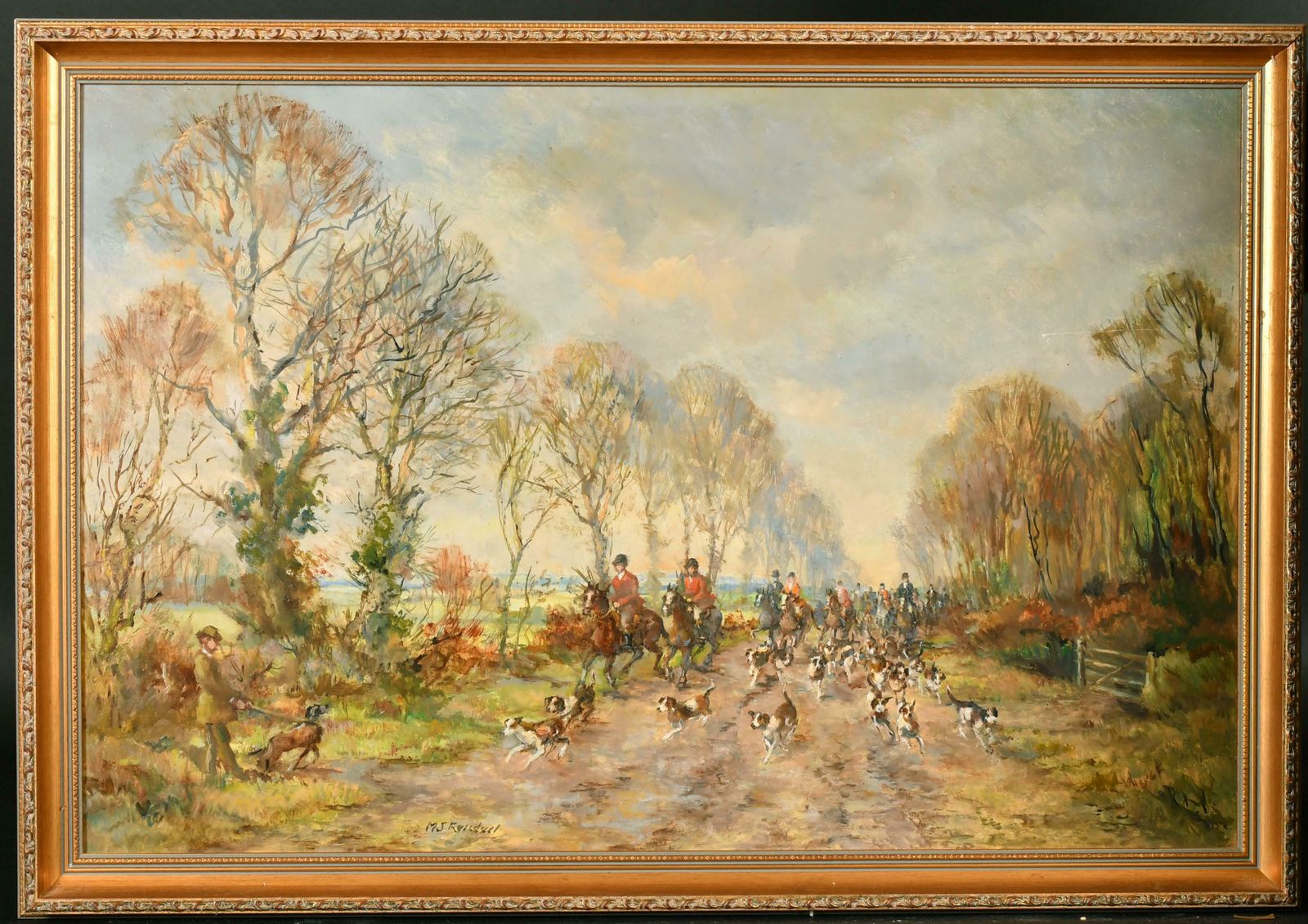 M.J Ruisadaellarge Signed Oil Painting Hunting Party On Horseback With Hounds photo furniture