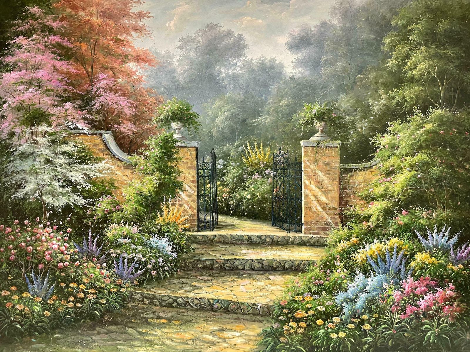 Unknownhuge Impressionist Oil Painting Country Garden With Gates Abundant Flowers C. 2000's photo furniture