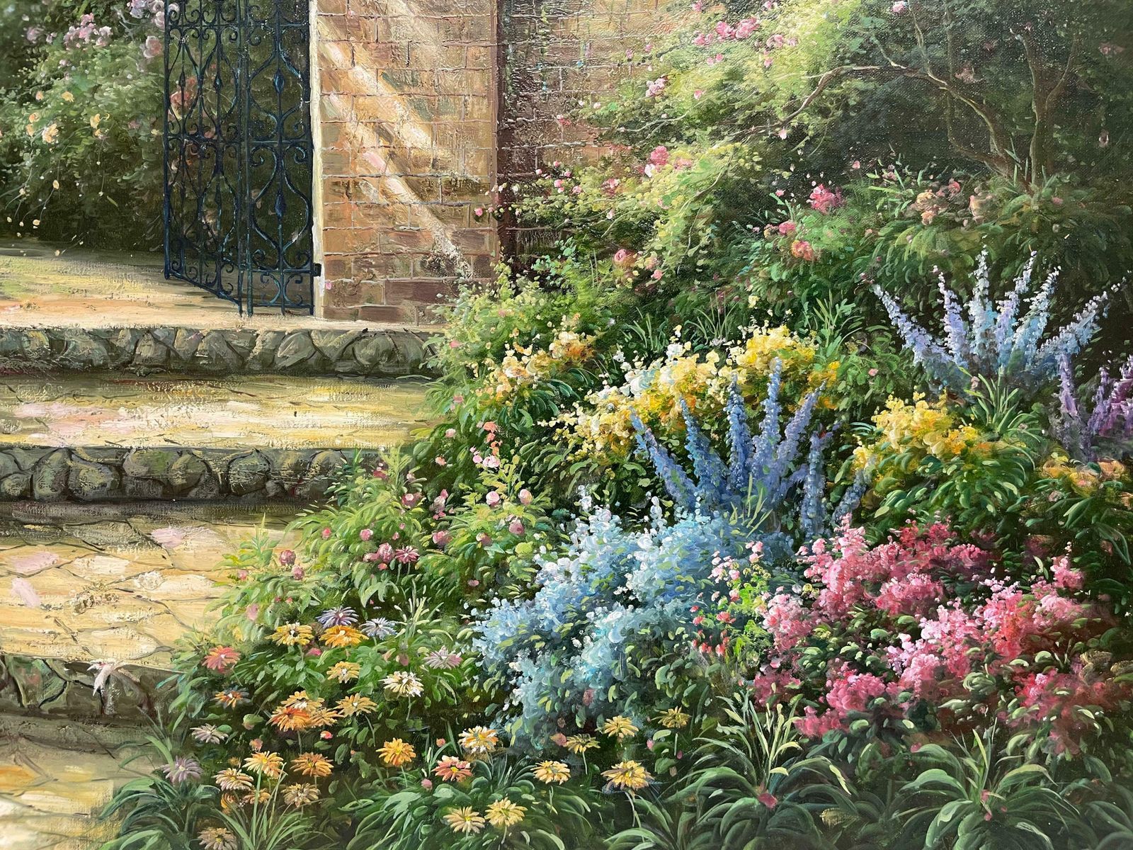Unknownhuge Impressionist Oil Painting Country Garden With Gates Abundant Flowers C. 2000's photo for sale