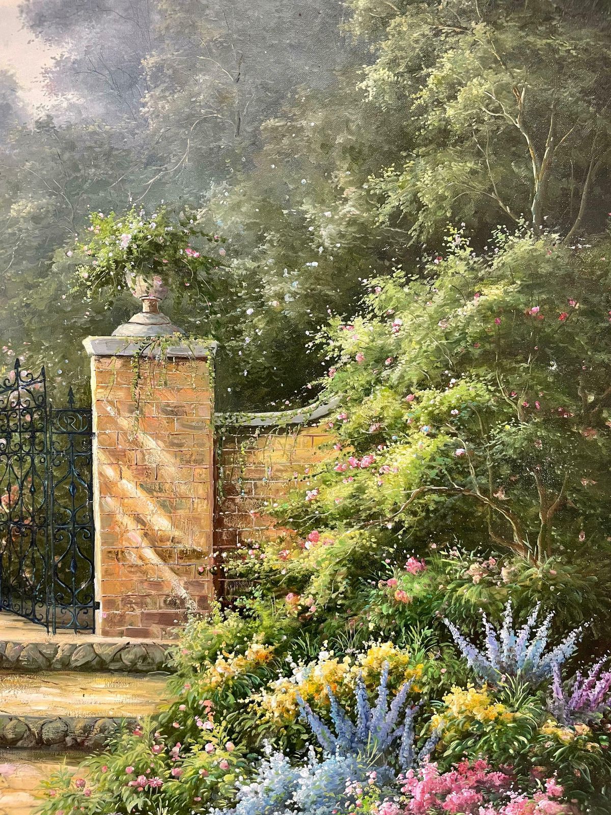 Unknownhuge Impressionist Oil Painting Country Garden With Gates Abundant Flowers C. 2000's photo Art