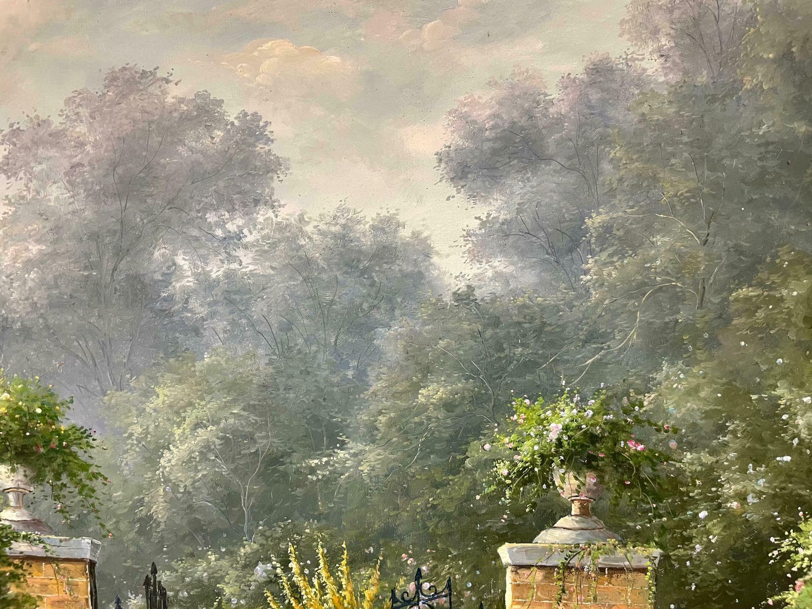 Art Unknownhuge Impressionist Oil Painting Country Garden With Gates Abundant Flowers C. 2000's photo