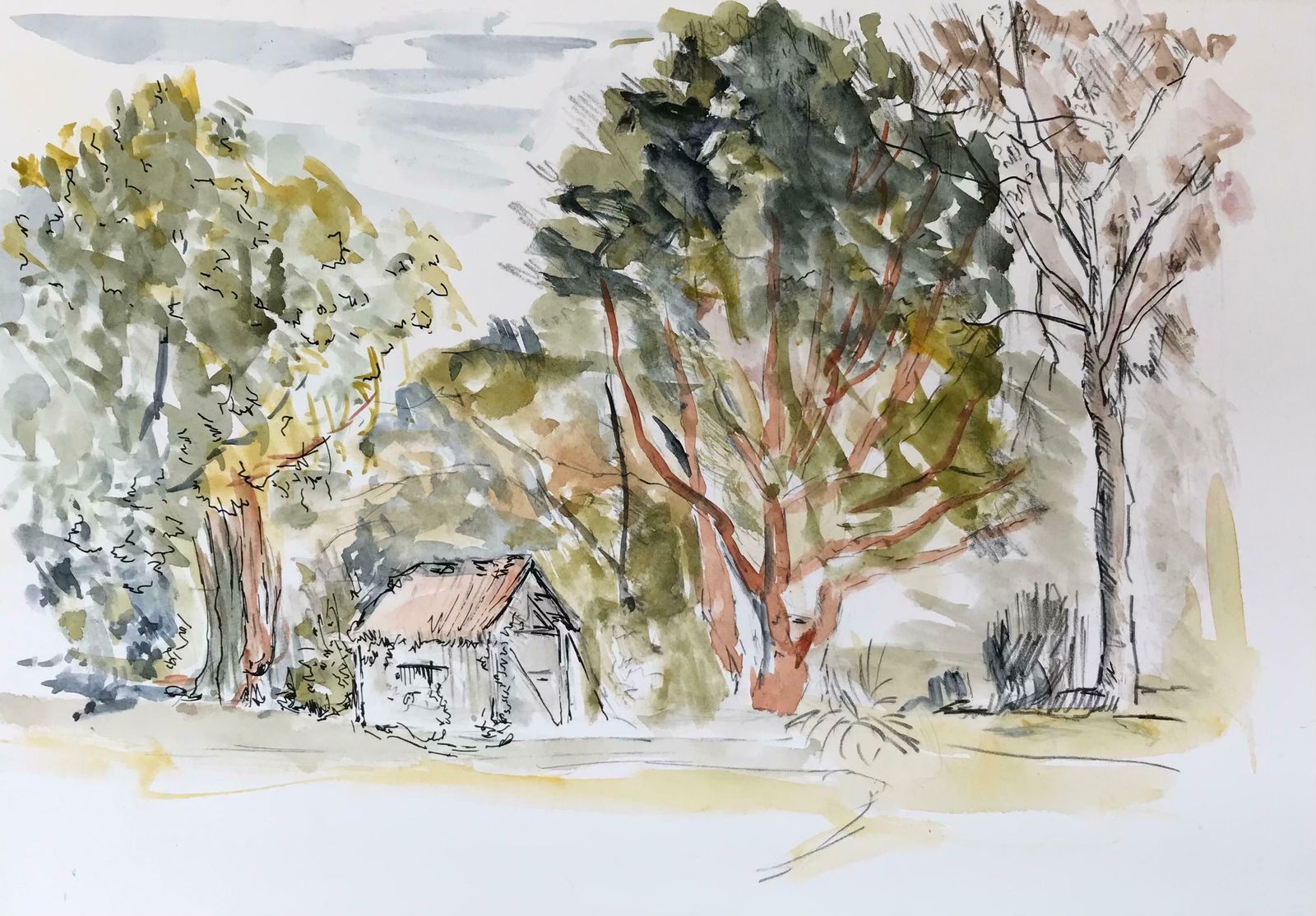Bernard Labbe1950's Modernist/ Cubist Painting   Shed In The Forest Watercolour Landscape1950's