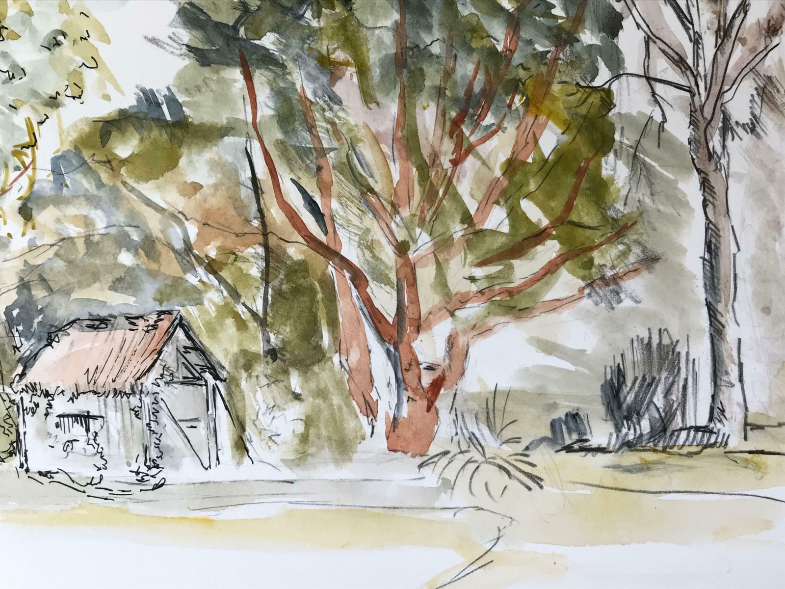 Bernard Labbe1950's Modernist/ Cubist Painting   Shed In The Forest Watercolour Landscape1950's photo 818.0