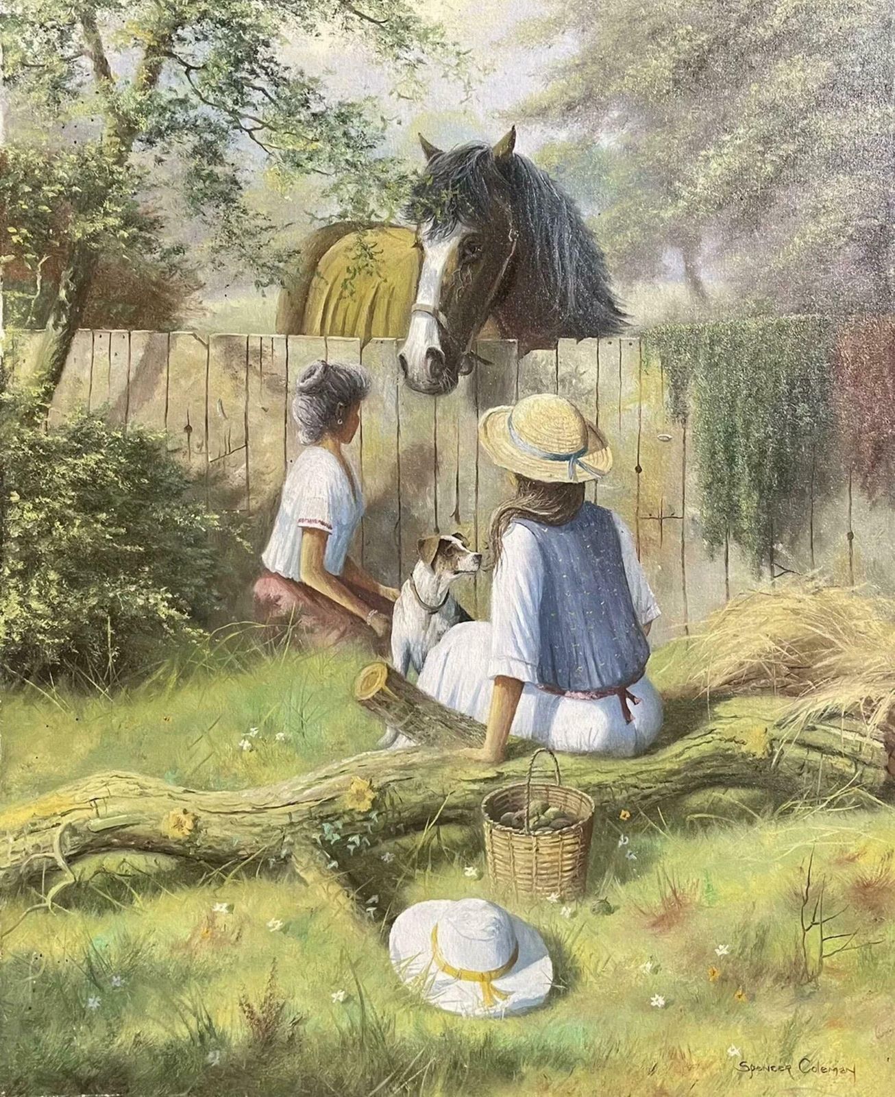 Martin Spencer Colemansigned English Oil Painting Children Feeding Horse With Terrier Dog Lovely Imagec. 2000's