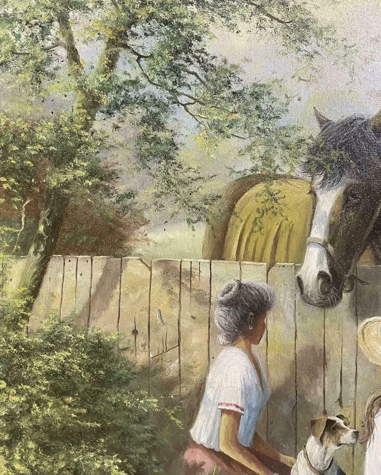 Martin Spencer Colemansigned English Oil Painting Children Feeding Horse With Terrier Dog Lovely Imagec. 2000's photo vinterior