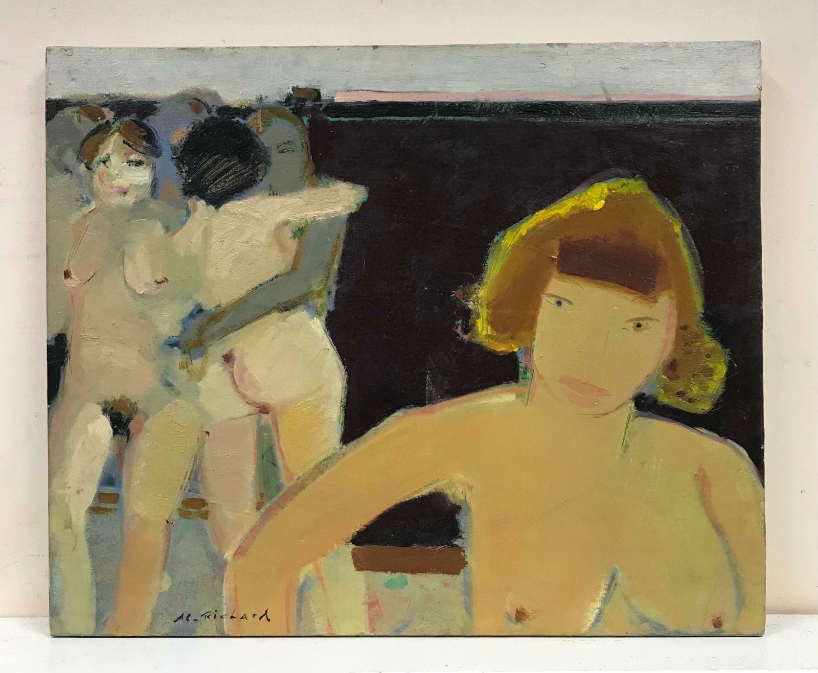 20th Century French Schoolfrench Modernist Signed Oil   Nude Women Lovers Figurative Group, 20th Century photo furniture