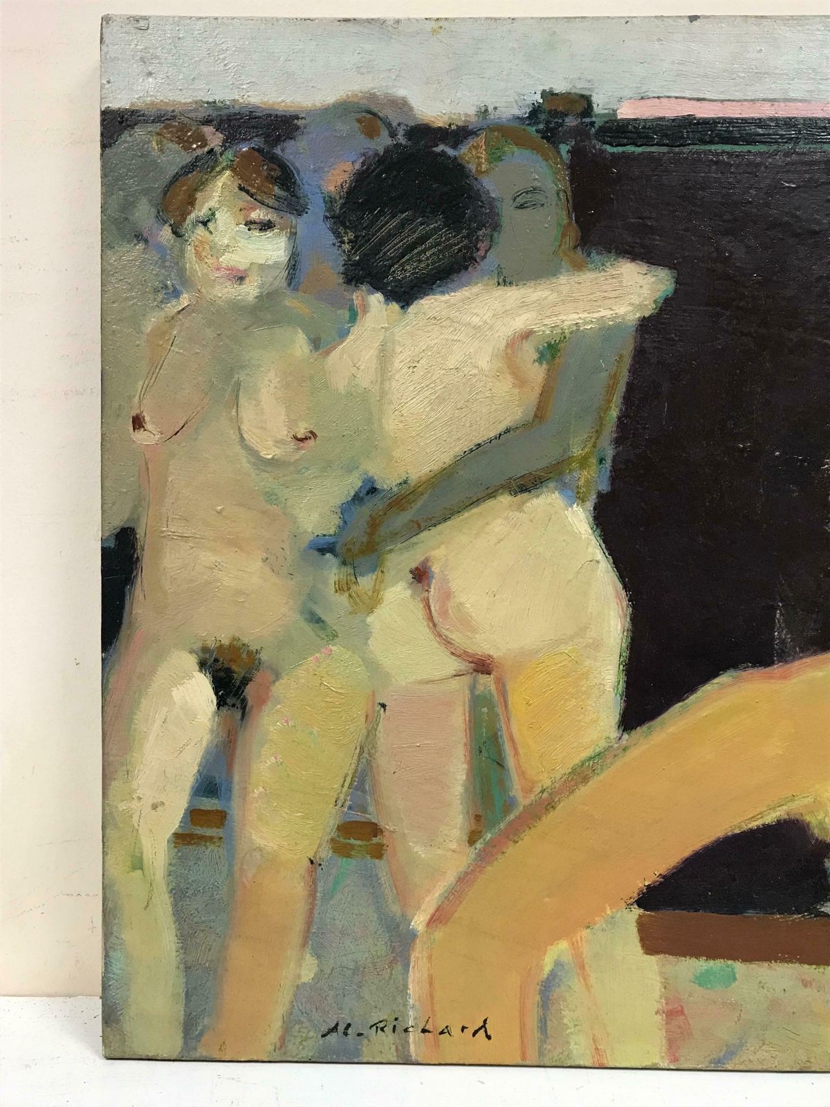 20th Century French Schoolfrench Modernist Signed Oil   Nude Women Lovers Figurative Group, 20th Century photo 1937.0