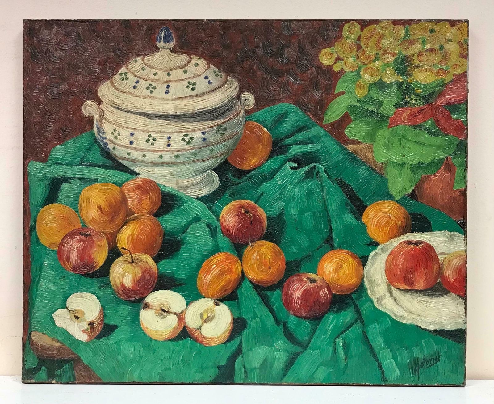 20th Century French Schoolmid Century French Post Impressionist Signed Oil Apples On Green Table Interior photo furniture