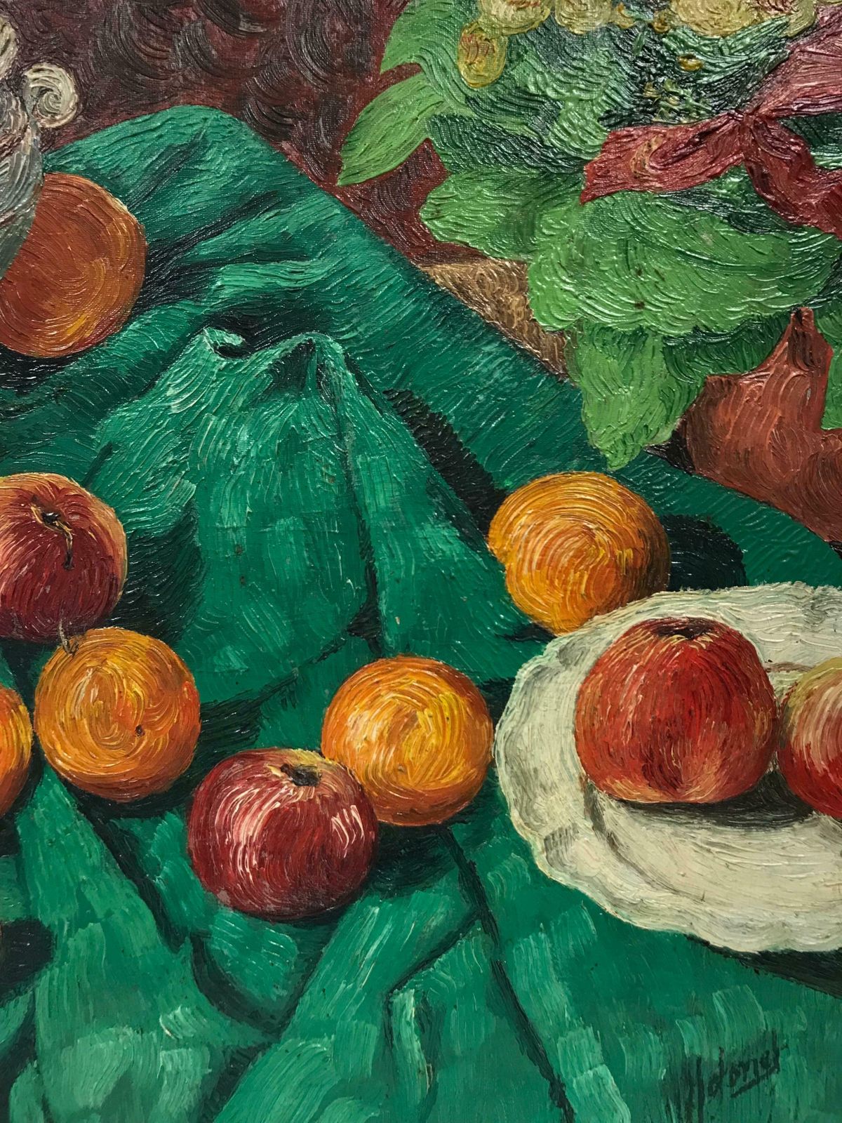 20th Century French Schoolmid Century French Post Impressionist Signed Oil Apples On Green Table Interior photo for sale