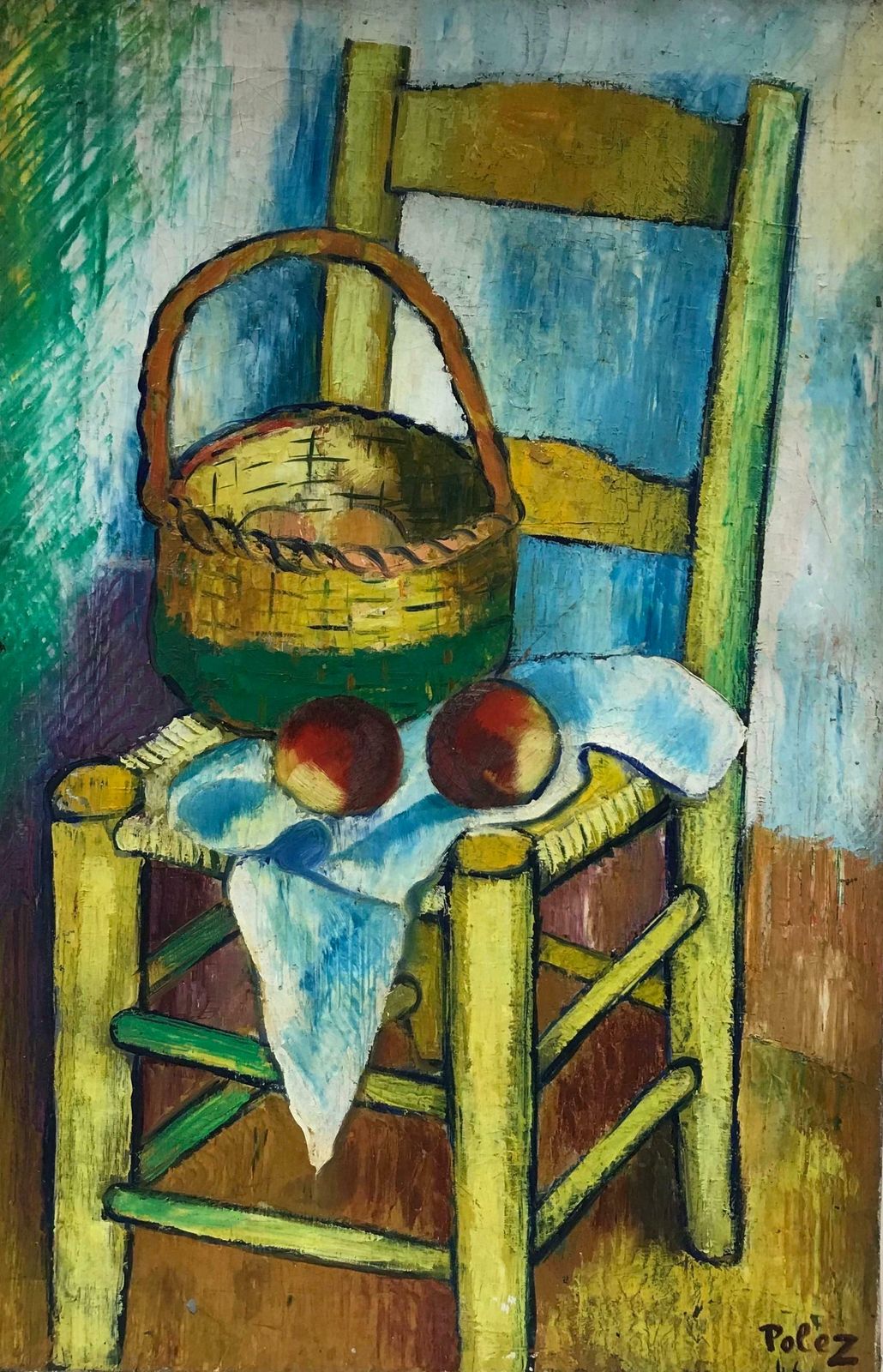 20th Century French Schoollarge 1940's French Post Impressionist Signed Oil   Old Chair With Fruit 1940's