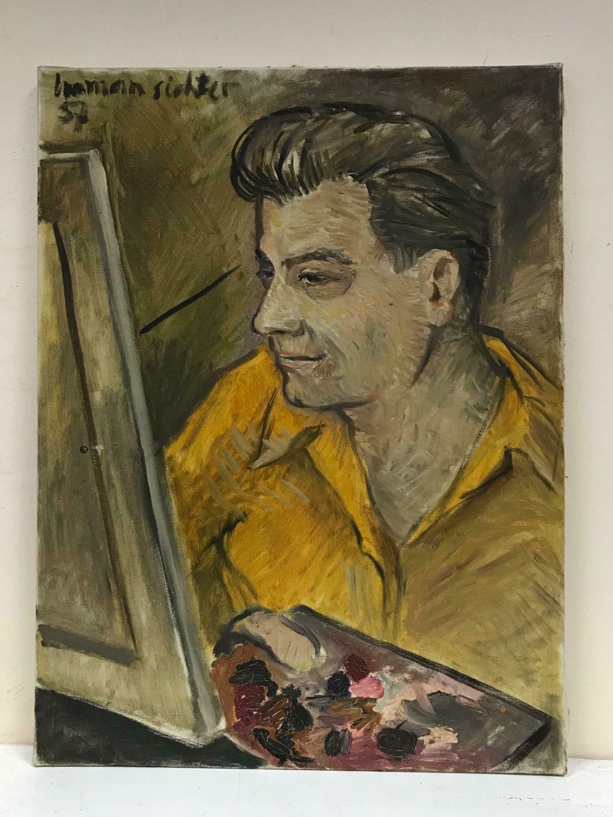 20th Century French School1950's French Impressionist Signed Oil   Artist At Easel Self Portraitc. 1957 photo furniture