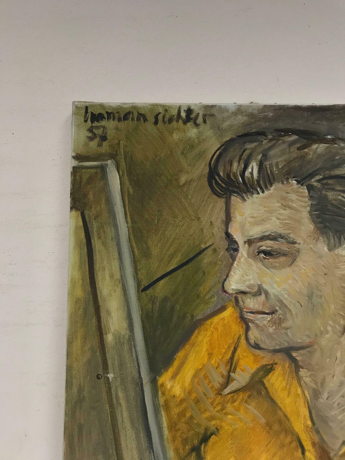 20th Century French School1950's French Impressionist Signed Oil   Artist At Easel Self Portraitc. 1957 photo vinterior