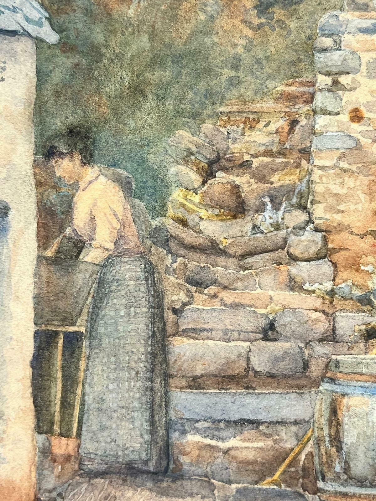 Gunn Gwennetfine 1900’s English Watercolour Painting Lady By Cottage Steps Signed1900’s photo vinterior