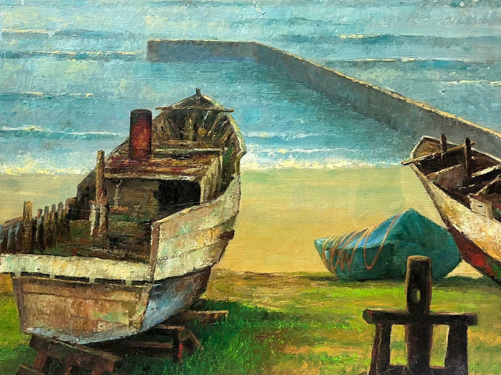 French Schoollarge 20th Century French Post Impressionist Signed Oil Painting Boats On Beach photo buy