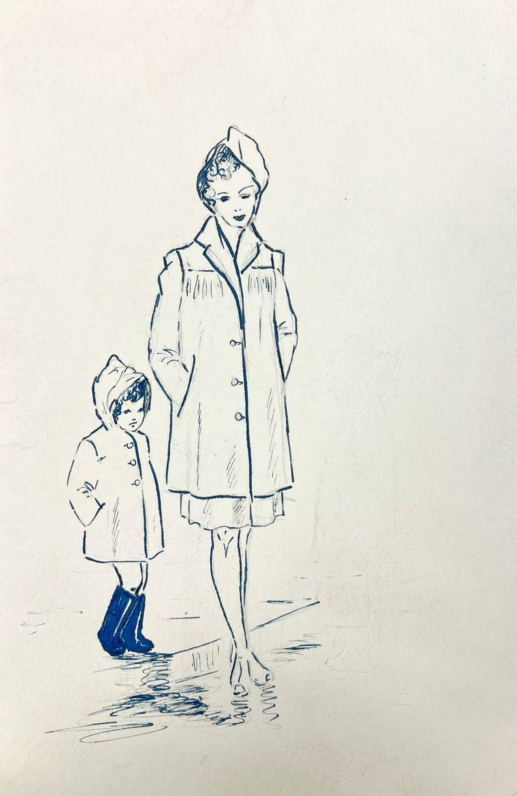 Josine Vignon1950’s Fashion Illustration Painting Of Mother & Child Walking In The Puddles1960's