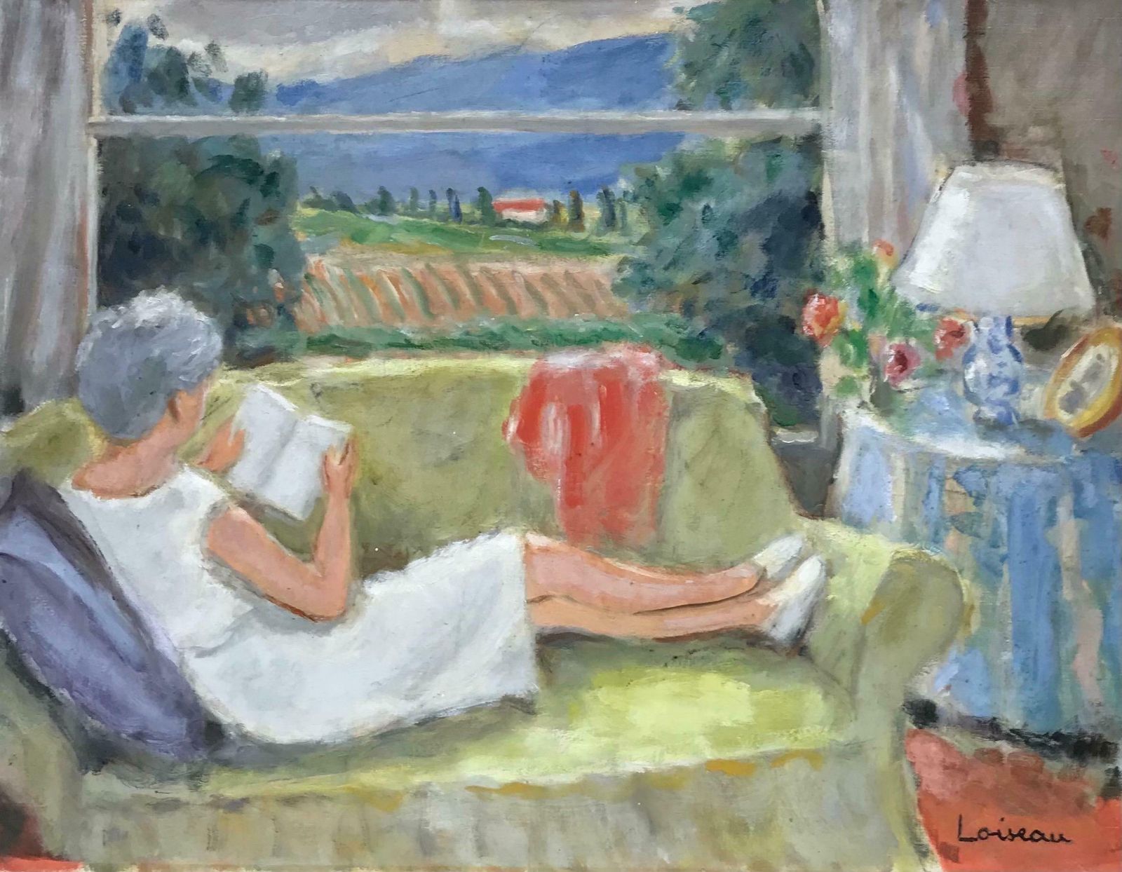 20th Century French Schoollady Sitting In Interior Reading Book Window Overlooking Provence Landscape, Oil