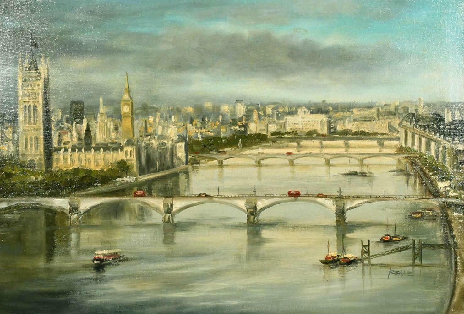 British Schoolthe London Skyline Viewed From River Thames Above Its Bridges, Original Oil