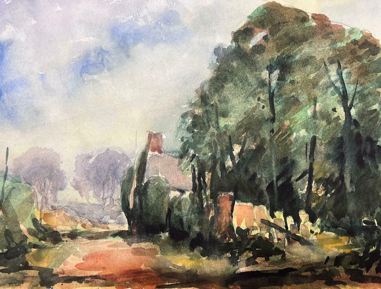 Maurice Mazeiliefrench Watercolour Landscape Village Town Path With Tall Green Trees photo furniture