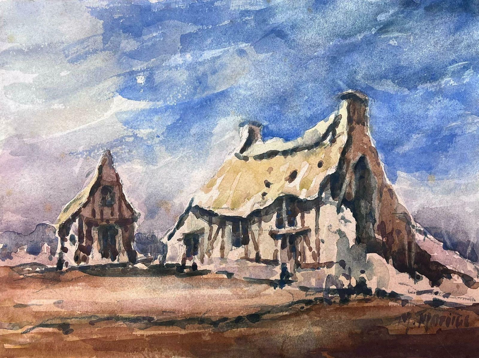 Maurice Mazeiliefrench Impressionist Watercolour Landscape Thatched Cottages