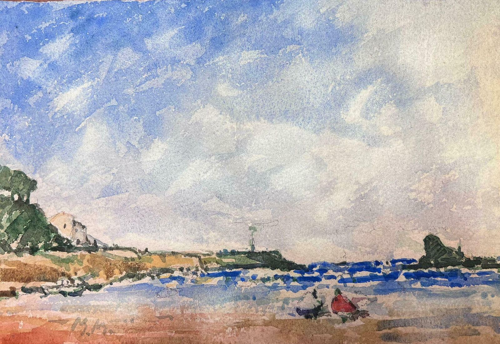 Maurice Mazeiliefrench Impressionist Watercolour Landscape Figures At The Beach