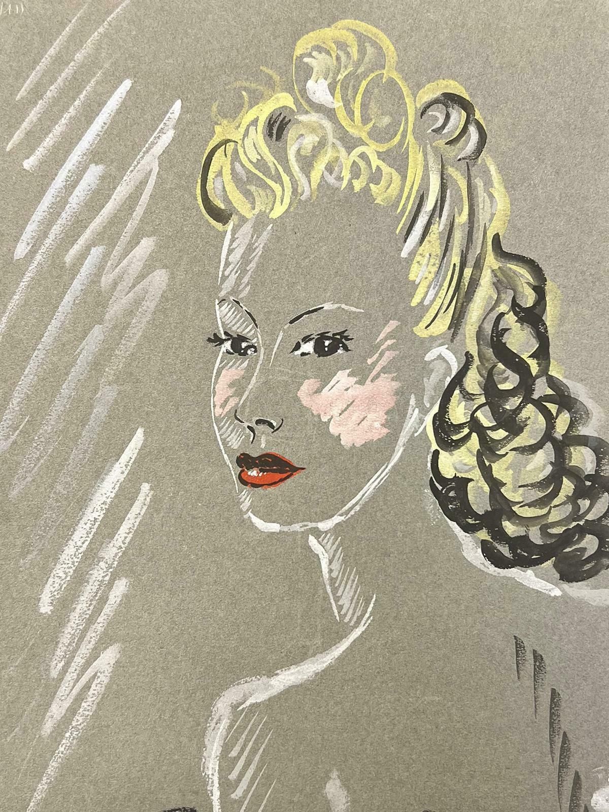 Josine Vignon1950’s Fashion Illustration Original Portrait Of A Blonde Curly Haired Lady 1960's photo for sale