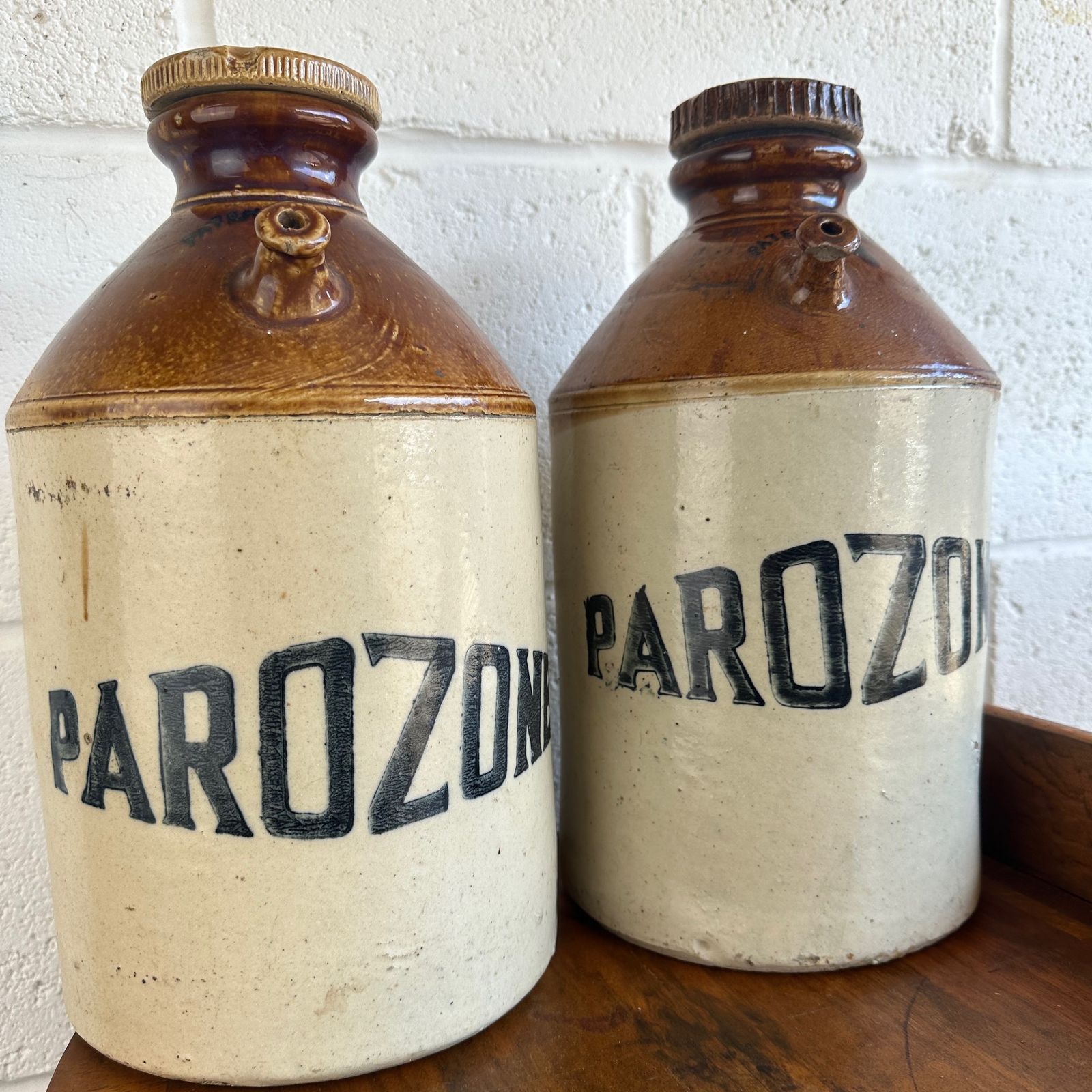 Trio Of Late 19th Century Parozone Glasgow Stoneware Flagons, Industrial Look