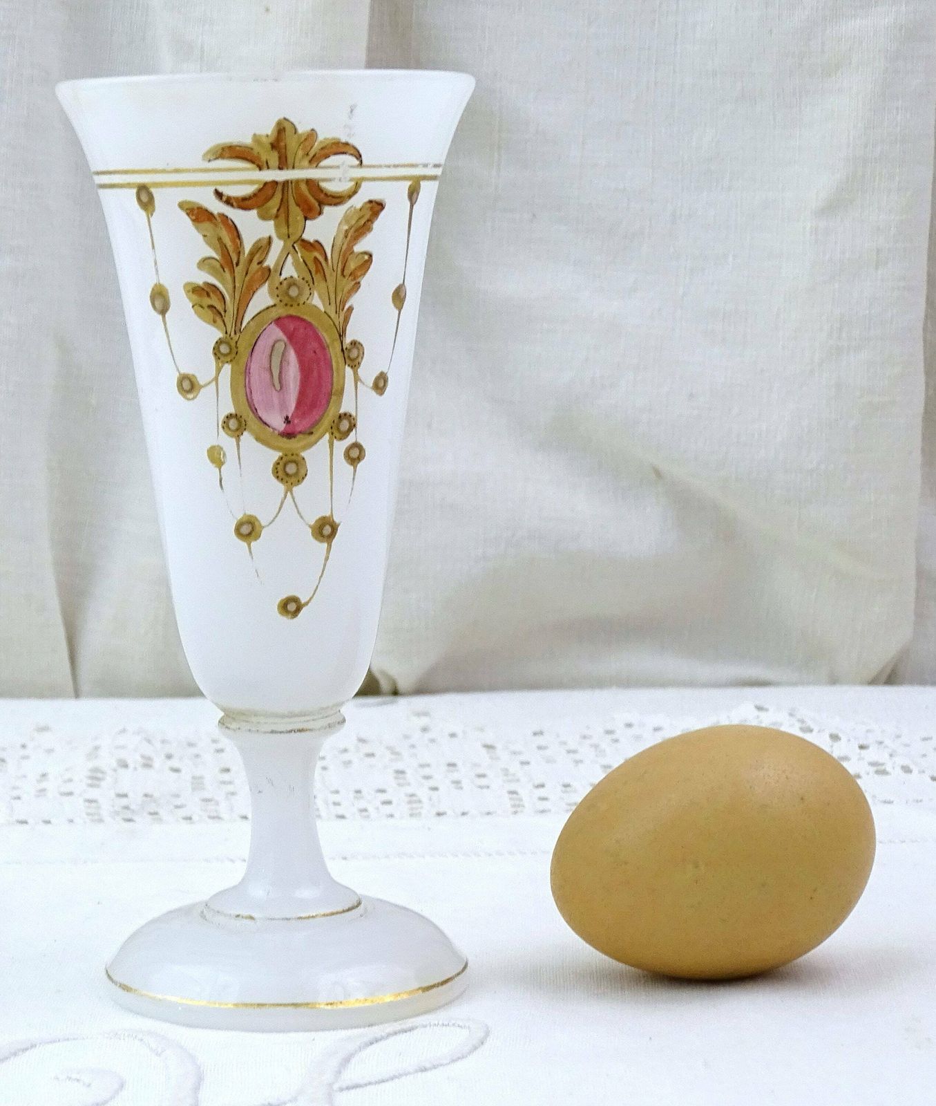 Antique French 19th Century Hand Painted White Opaline Footed Champagne Glass, Vintage Collectible 1800s Milk Glass Vase From France photo 77.0