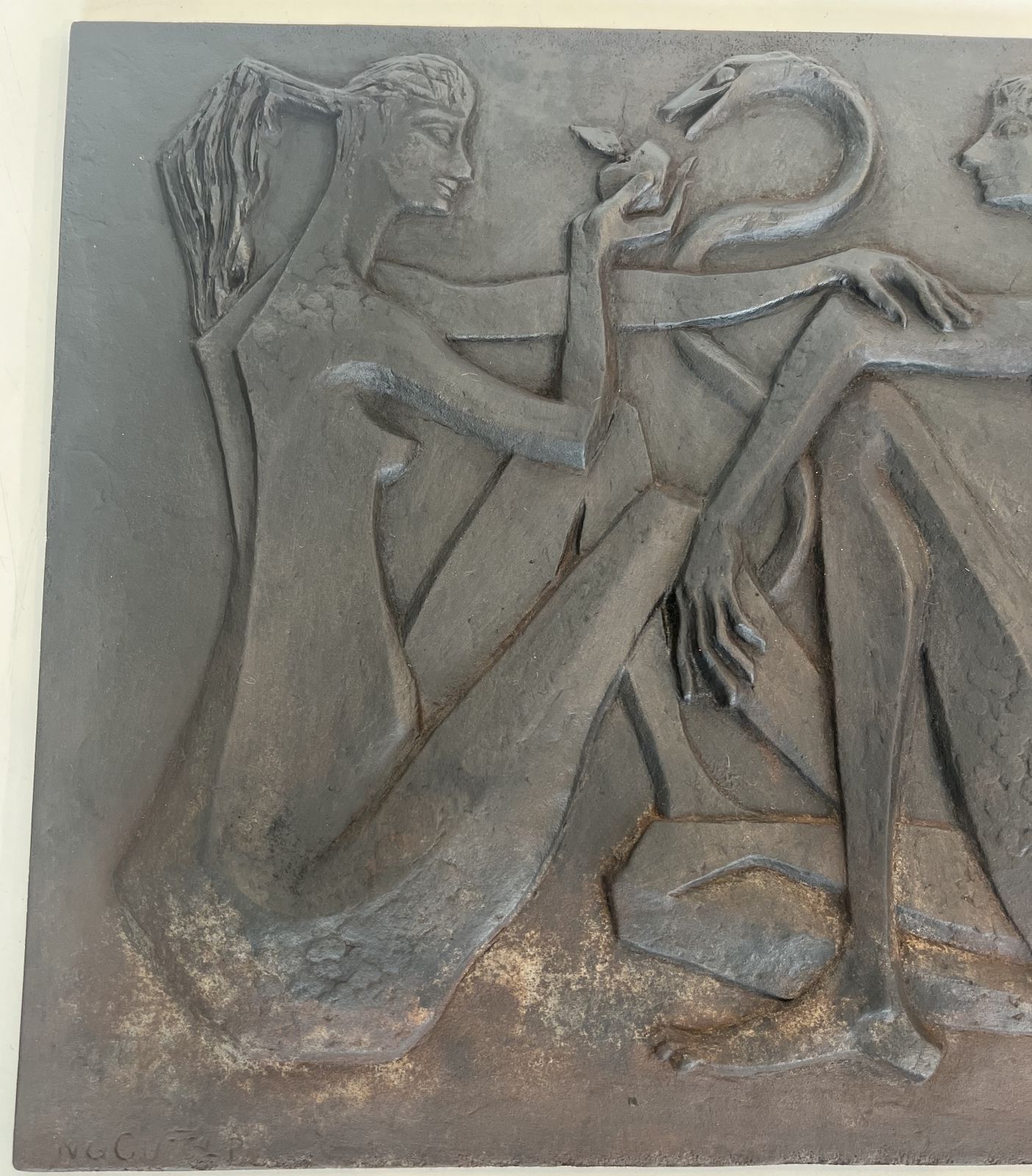 Modernist Cast Iron Fireplace Plate Depicting Adam And Eve, The Apple And The Serpent. Signed And Published By Stern photo for sale