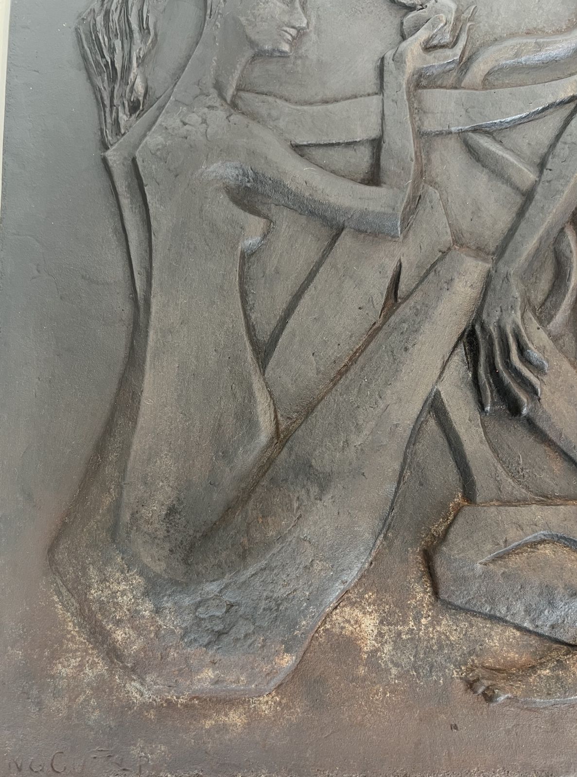 Modernist Cast Iron Fireplace Plate Depicting Adam And Eve, The Apple And The Serpent. Signed And Published By Stern photo vinterior