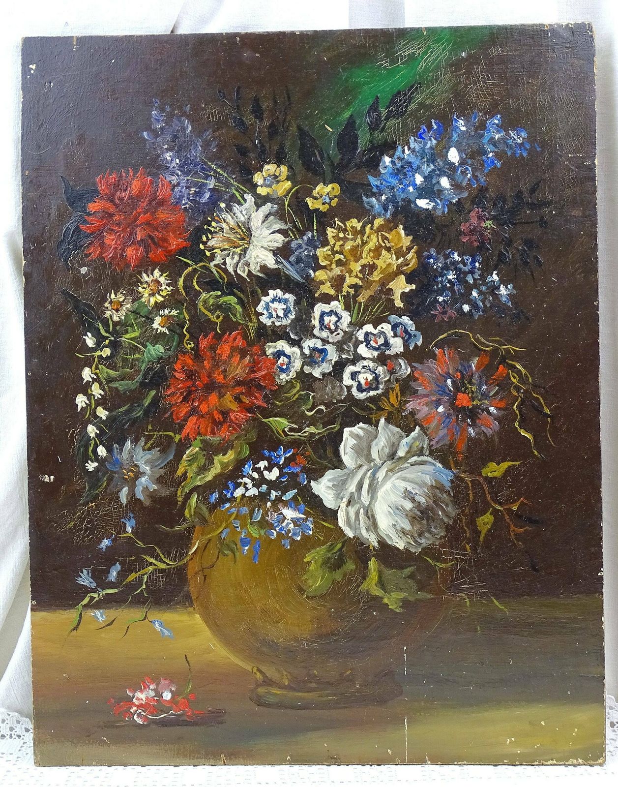Groot Antiek Frans Stilleven Met Bloemcompositie, Olieverf Op Houten Paneel, Handgeschilderd In De Stijl Van De Oude Meesters, Frankrijk photo for sale