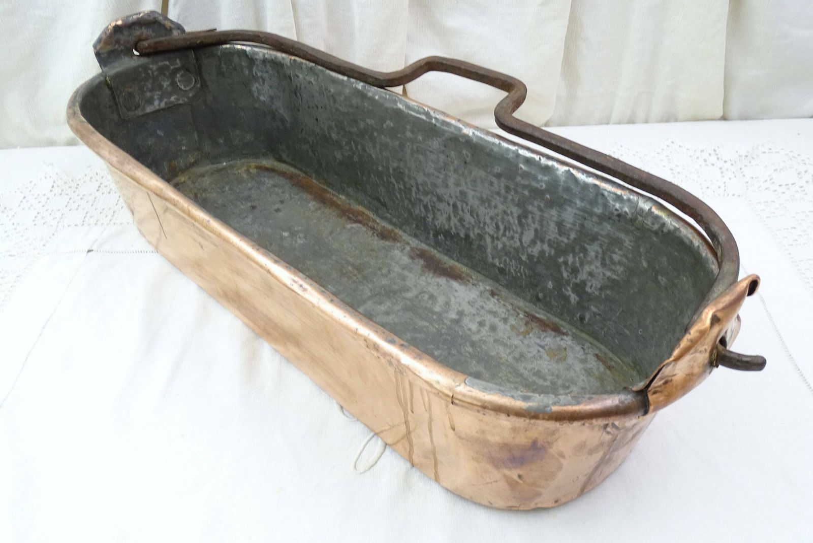 Antique French Hand Crafted Copper Fish Cooking Kettle / Pan, Steamer, Poacher With Forged Iron Handle, French Country Chateau Kitchen Decor photo for sale