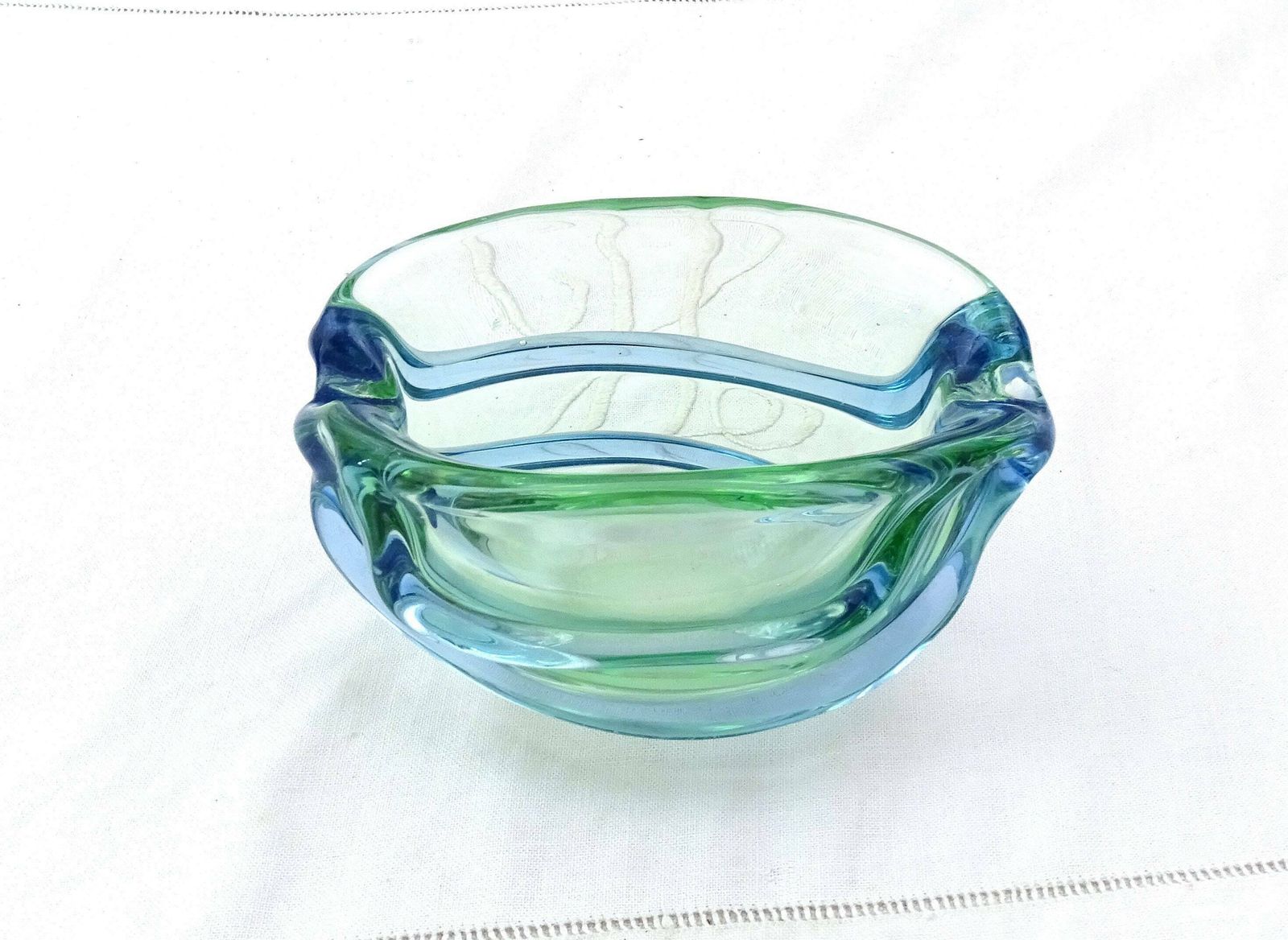 Vintage Mid Century Modern Large Chunky Art Glass Ribbed Pale Green And Blue Cigar Ashtray, Retro 1950s 1960s Mcm Czech Glassware Dish photo buy