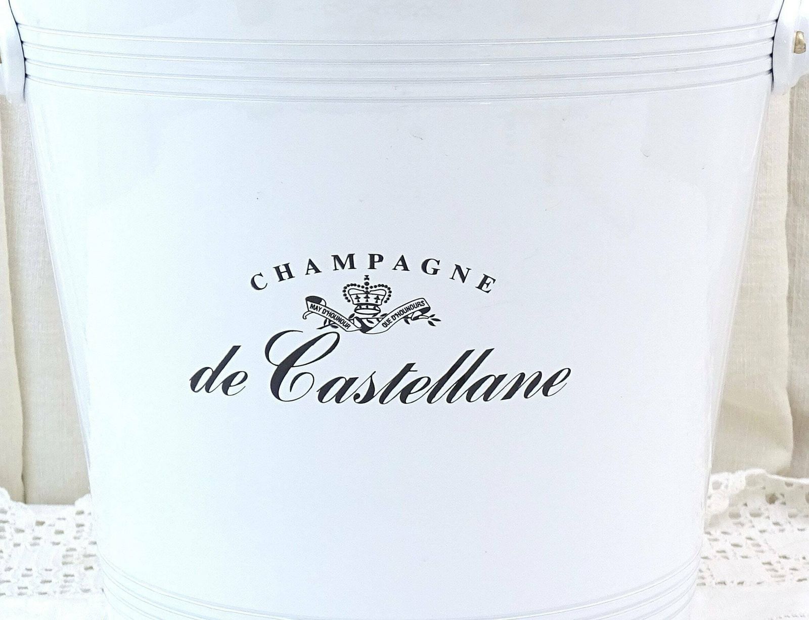 Vintage French Champagne White Enameled Metal Ice Bucket By Castellane In White Metal With 2 Loop Side Handles, Retro Wine Barware Chiller photo 54.0