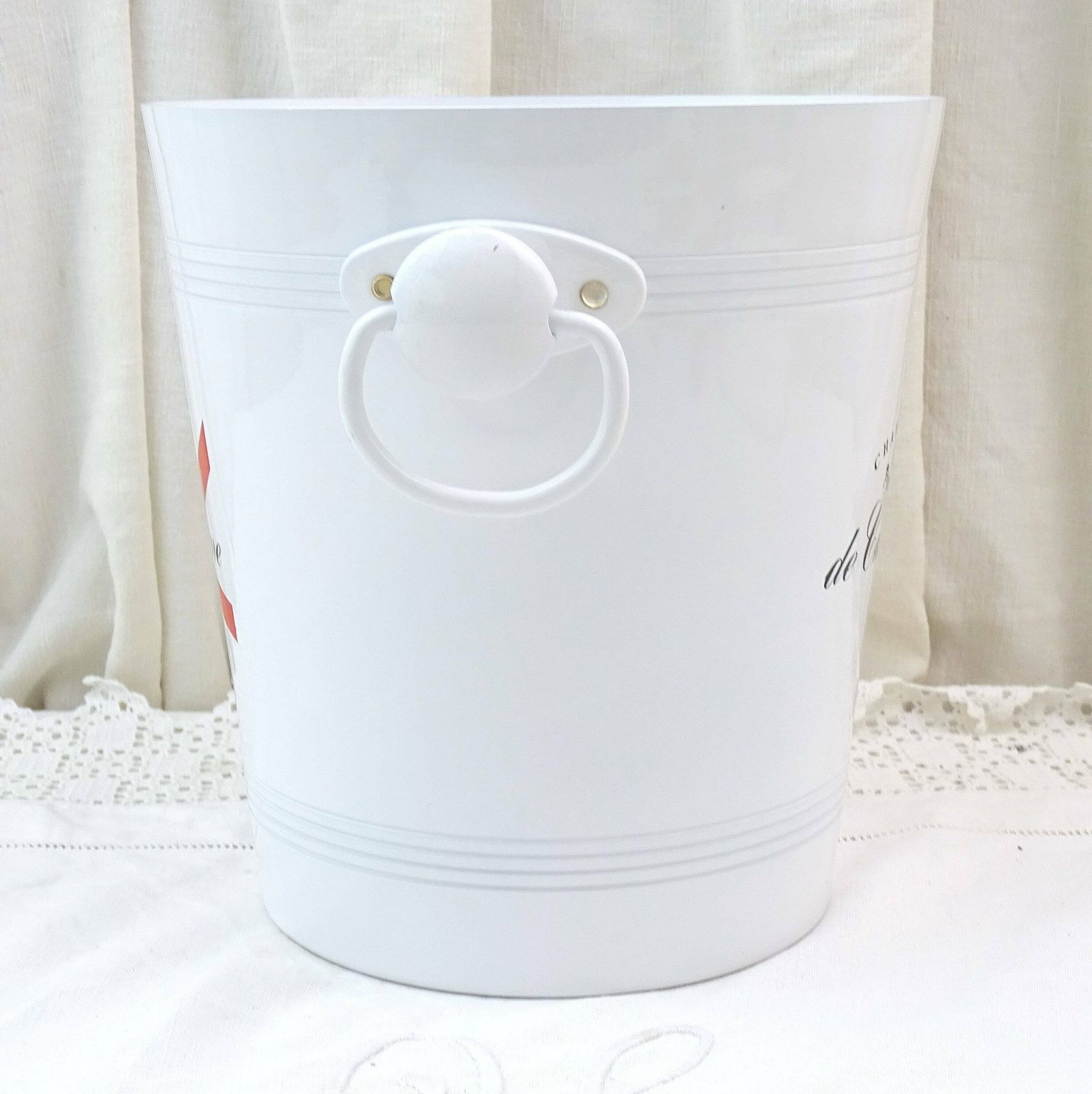 Vintage French Champagne White Enameled Metal Ice Bucket By Castellane In White Metal With 2 Loop Side Handles, Retro Wine Barware Chiller photo vinterior
