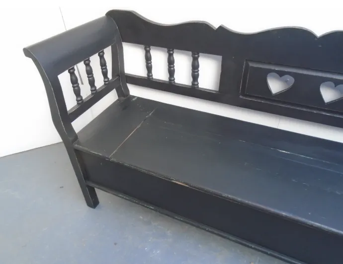A Black & Green Heart Motif Antique Pine 3 Seater Bench