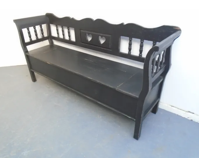 A Black & Green Heart Motif Antique Pine 3 Seater Bench photo Furniture
