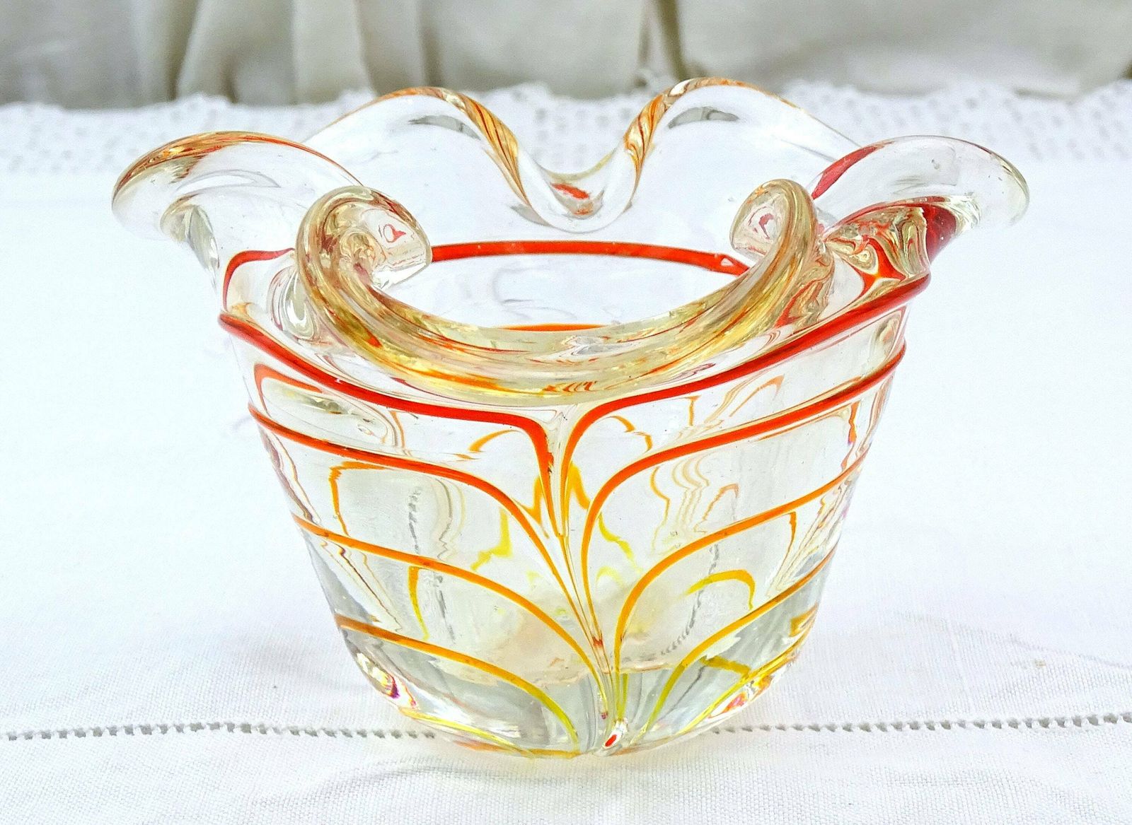 Vintage Art Glass Ashtray Clear With Red Yellow And Orange Threaded Glass Pattern, Retro Handmade Glassware Dish, Murano Style Trinket Bowl photo furniture